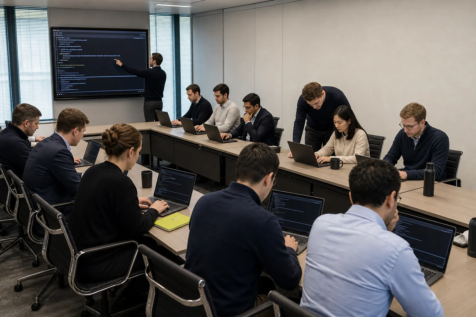 Instructors supporting twelve investment professionals as they work with AI assistants on laptops in a boardroom workshop