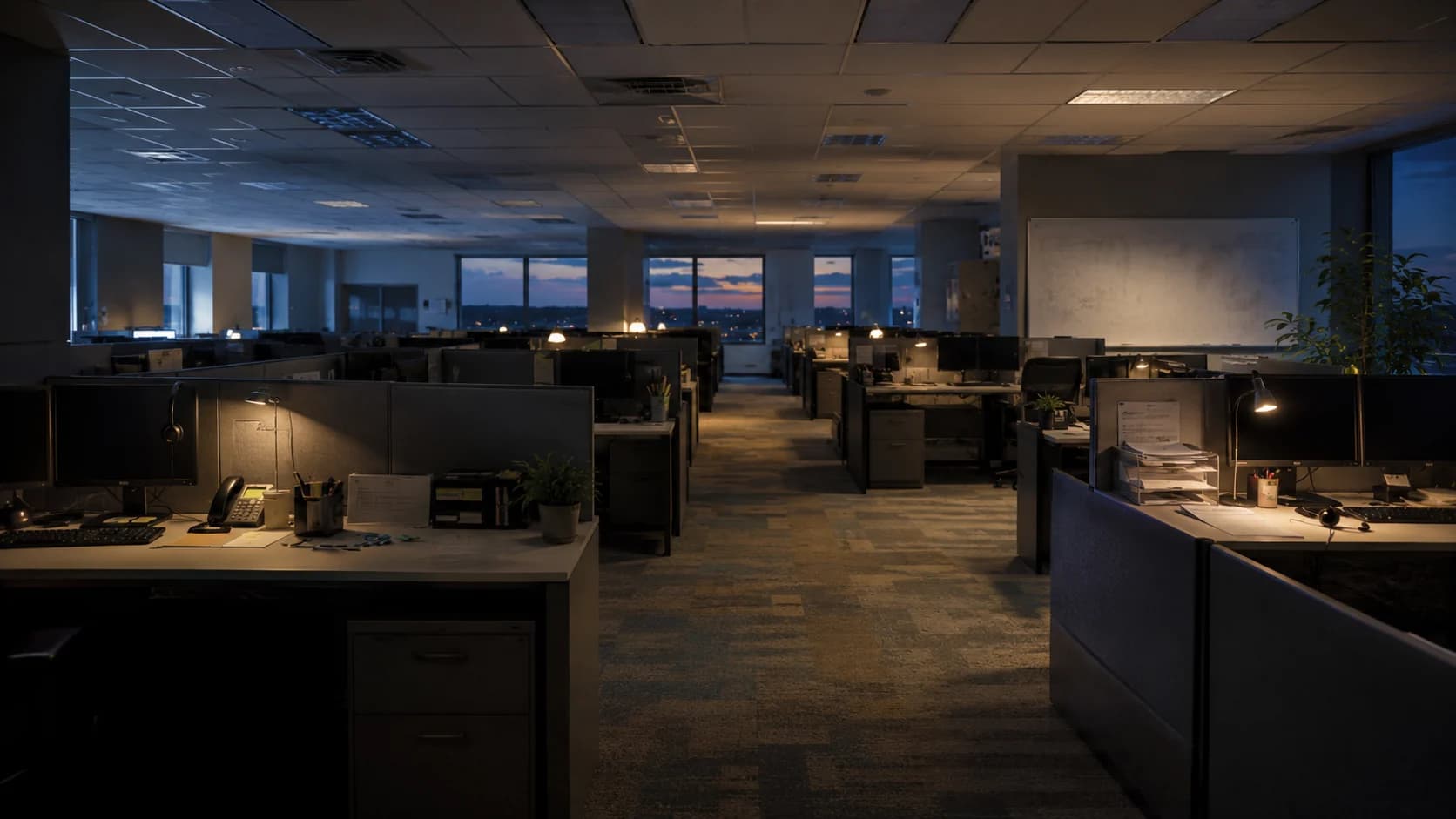 Open-plan servicing floor after hours, rows of desk dividers with headsets and monitors, most of the overhead lights off