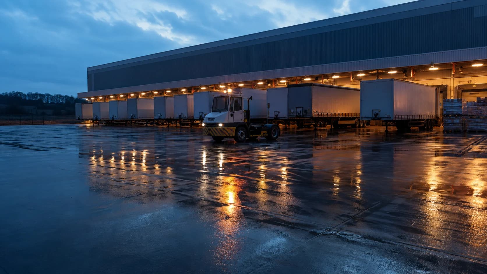Distribution depot at dusk, trailers backed onto lit loading bays with a yard shunter on wet tarmac