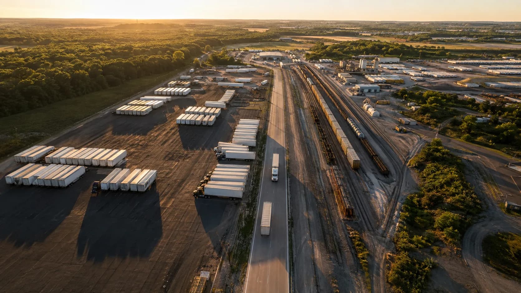 Aerial view at sunset of a road running between a trailer yard and rail sidings