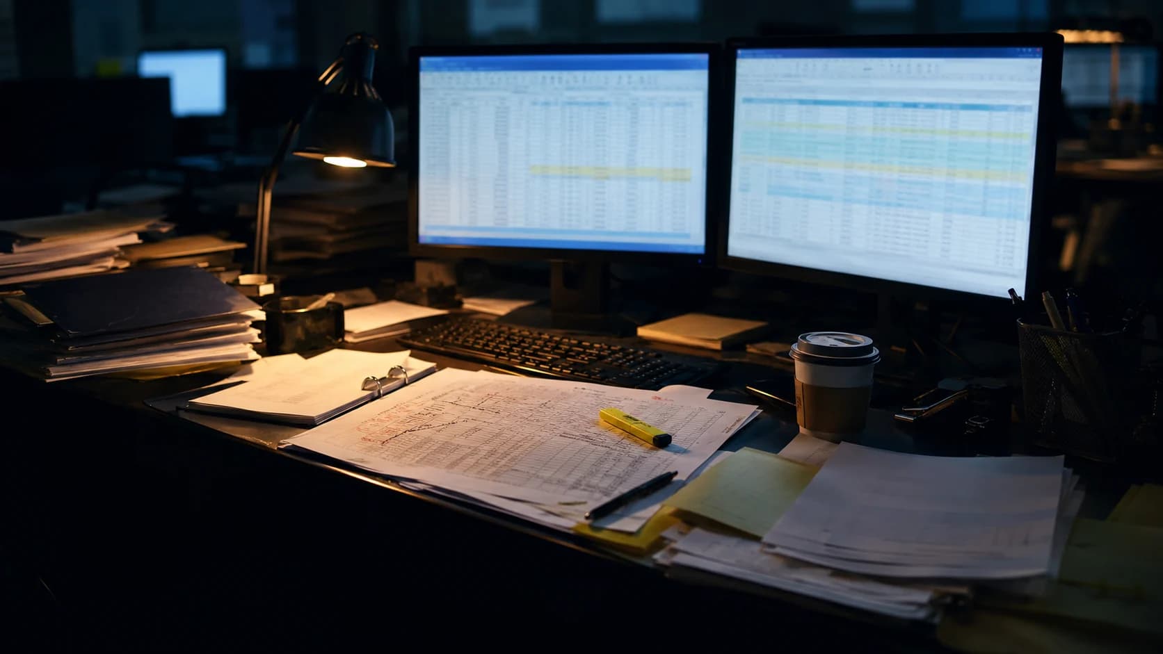 A desk late in a month-end, two monitors of dense spreadsheets, marked-up printed schedules, a highlighter and a cold coffee